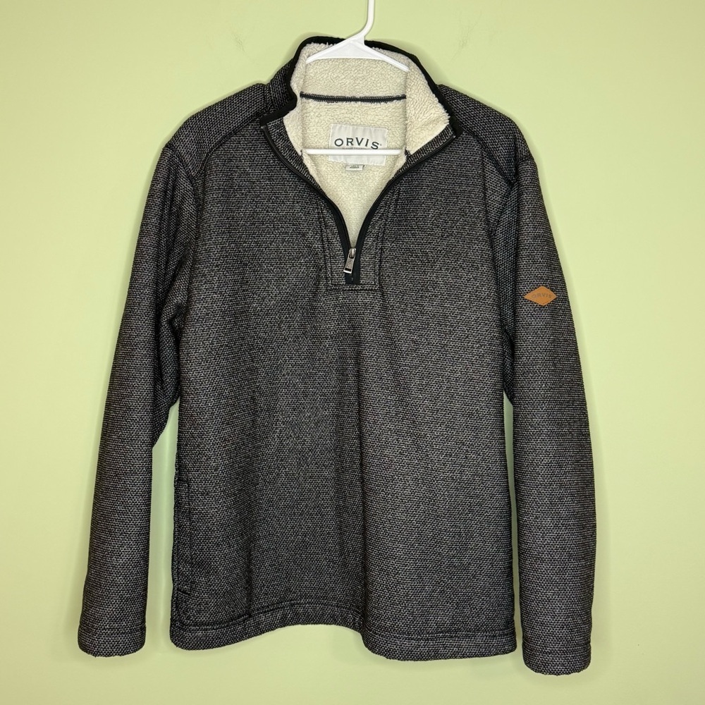 Orvis men’s M pullover gray honeycomb waffle 1/4 zip Sherpa lined sweater winter